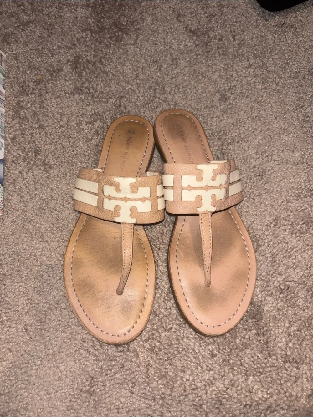 Tory Burch Tan and Cream Logo Thong Sandals